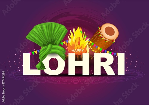 Indian Punjabi festival of lohri celebration fire background with decorated drum and bonfire Fotobehang