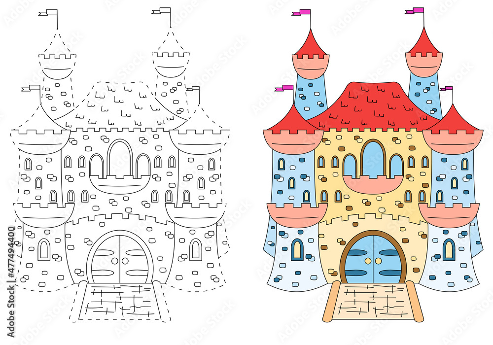 Fairytale castle. Coloring book for children. Practice of handwriting. Education Development Worksheet.