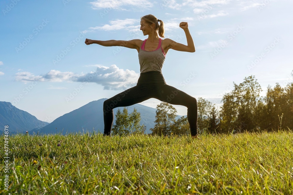 girl performs yoga exercises in a mountain meadow - outdoor gymnastics girl performs yoga exercises in a mountain meadow - outdoor gymnastics
