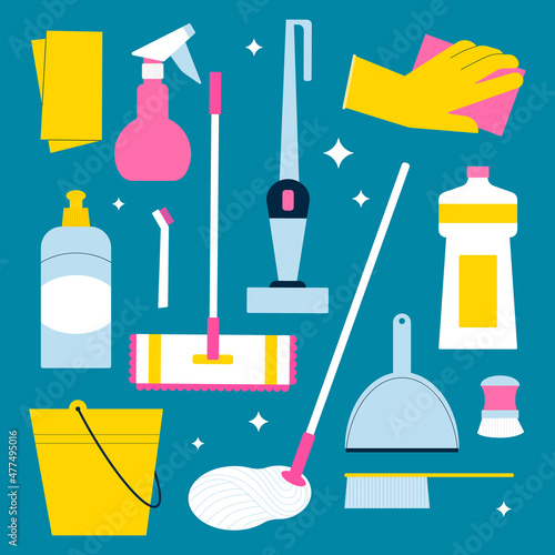 Floor cleaning supplies set. Mop, bucket, vacuum cleaner, brush and detergent bottles. Flat illustration of housekeeping products for professional cleanup.