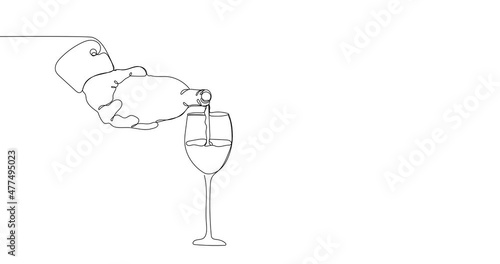 Animated continuous line drawing of Wine pouring from bottle into glass. Bottle of alcohol in the hands of a bartender