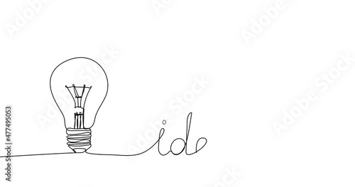 Animated continuous line drawing of Light bulb with rays shine and idea text. Symbol of creativity, innovation, inspiration, invention and idea