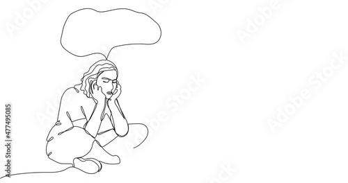 Animated continuous line drawing of Depressed girl is sitting thinking. Concept of support with psychological problems. Online therapy and counselling for people under stress and depression