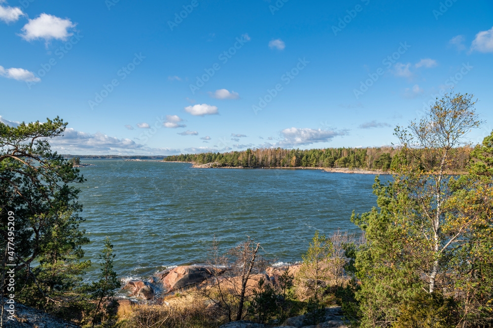 Rocky coastal view and Gulf of Finland, trees, shore and sea, Kopparnas-Klobbacka area, Finland