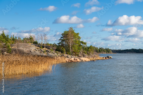 Rocky coastal view and Gulf of Finland, trees, shore and sea, Kopparnas-Klobbacka area, Finland © hivaka