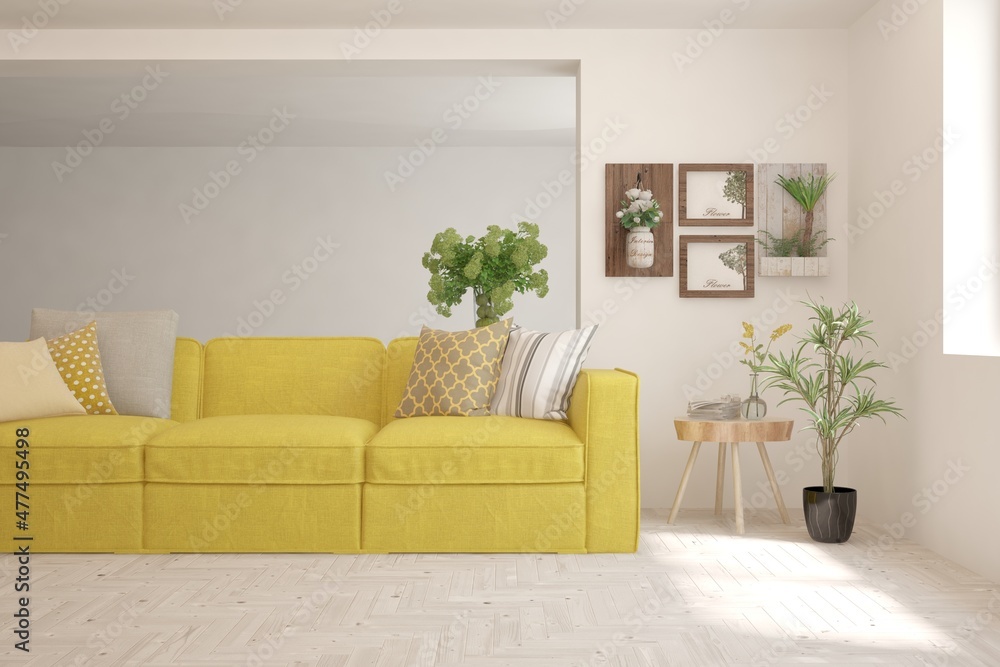 Fototapeta premium White living room with yellow sofa. Scandinavian interior design. 3D illustration