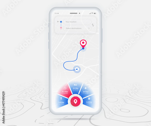Map GPS navigation ux ui concept, Smartphone map application  destination point on screen, App search map navigate, Technology map, City navigation maps, delivery rider, street, track, location vector