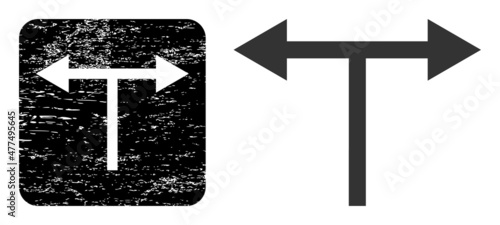Vector bifurcation arrows left right stencil icon. Grunge bifurcation arrows left right seal, done from icon and rounded square.