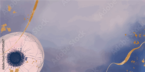 Fondo banner de motivos florales de acuarela en tonos azules, con toques dorados, con espacio para texto e imágenes