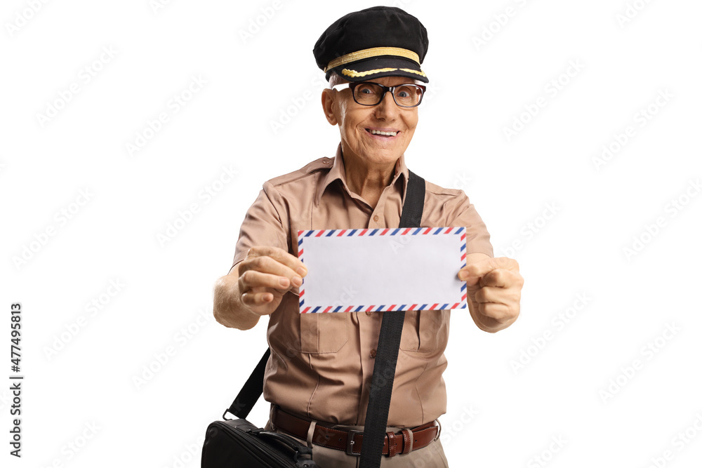 Mature mailman in a uniform showing letters and smiling