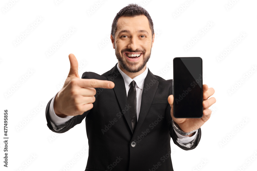 Businessman holding a smartphone and pointing at the screen Businessman holding a smartphone and pointing at the screen