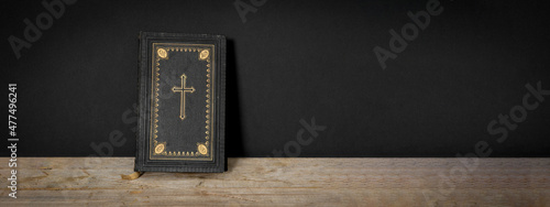 Fotografie, Tablou Church faith Christian background banner panorama - Old holy bible with golden c