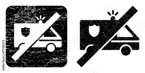 Vector no police car subtracted icon. Grunge no police car stamp, done from icon and rounded square. Rounded square stamp seal have no police car hole inside. Vector no police car grunge images.
