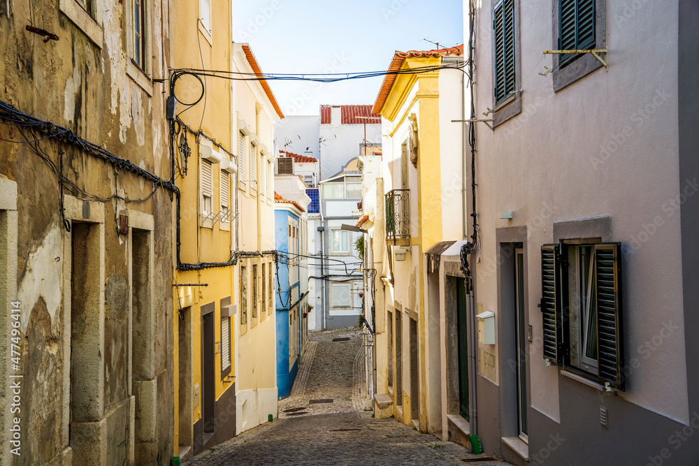 Steep streets of downtown of Sesimbra, Lisbon Metropolitan area, Portugal