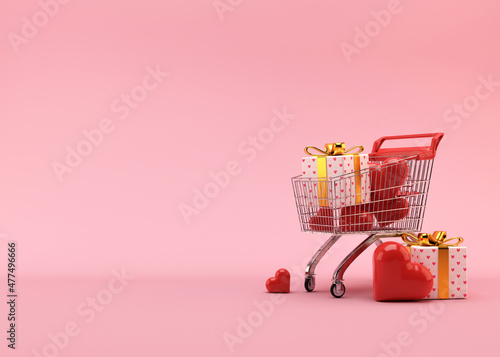 Shopping cart, trolley with gift boxes and hearts on pink background with free space for text, copy space. Valentine's Day, sale. 3D illustration.