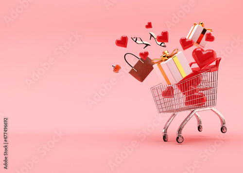 Shopping cart, trolley with gift boxes, hearts, shoes, parfume, bag on pink background with free space for text, copy space. Valentine's Day, sale. 3D illustration.