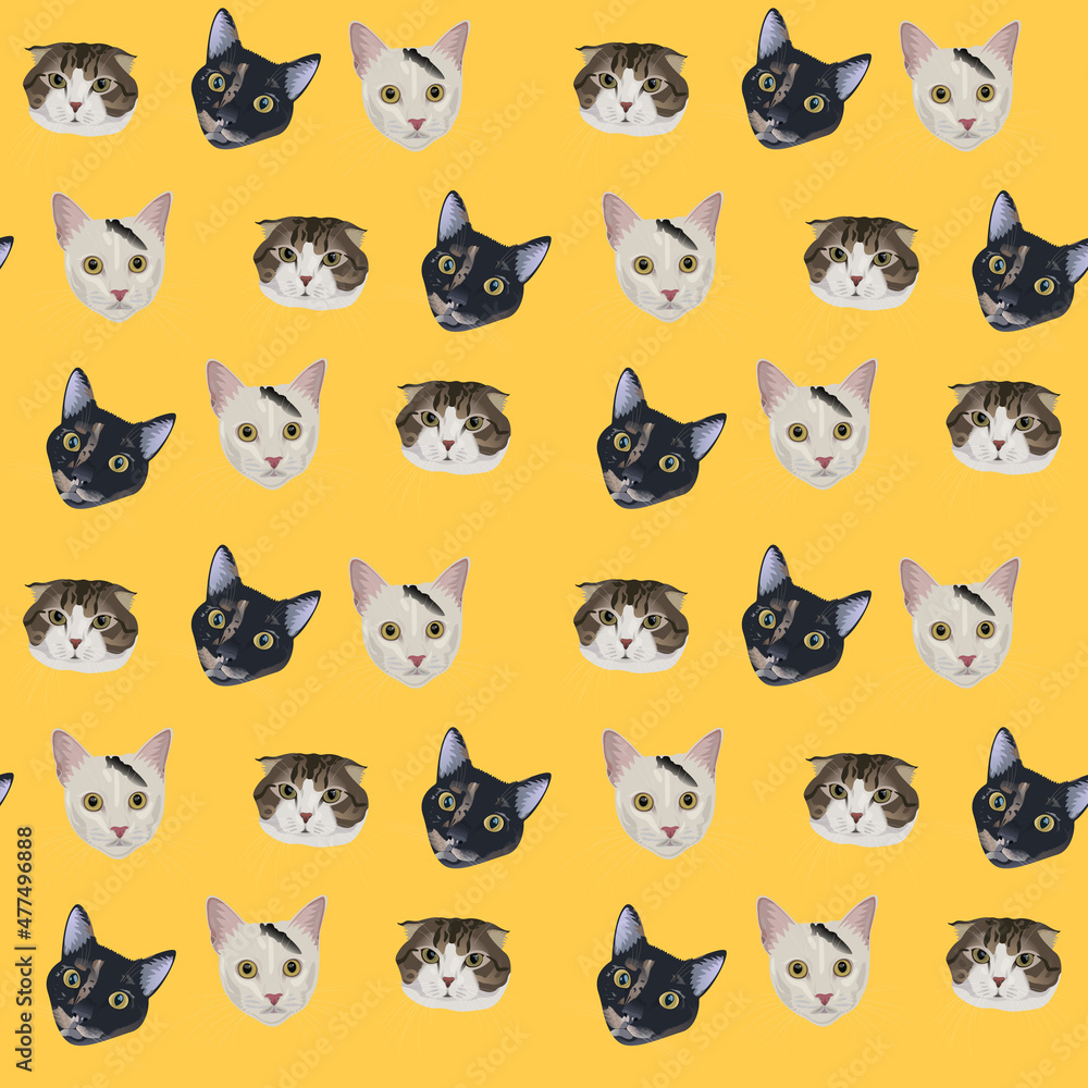 Fototapeta premium Cute cats portraits of different colours and breeds on yellow background. Vector hand drawn realistic seamless pattern. Graphics for cats lovers