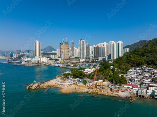 Drone fly over Hong Kong city