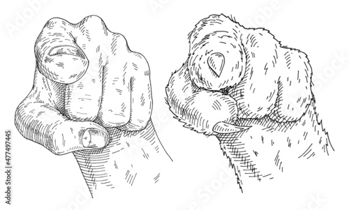 Human hand and cat paw show pointing finger at viewer, from front. Vintage monochrome hatching