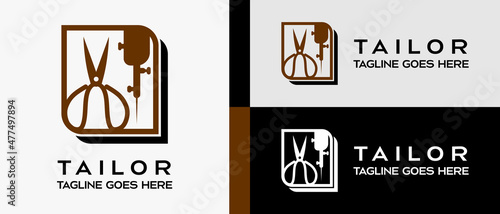scissors and sewing machine icon in a box. logo design template for tailor shop, sewing craft, textile production, confetti and garment. Vector illustration of fashion and clothes.