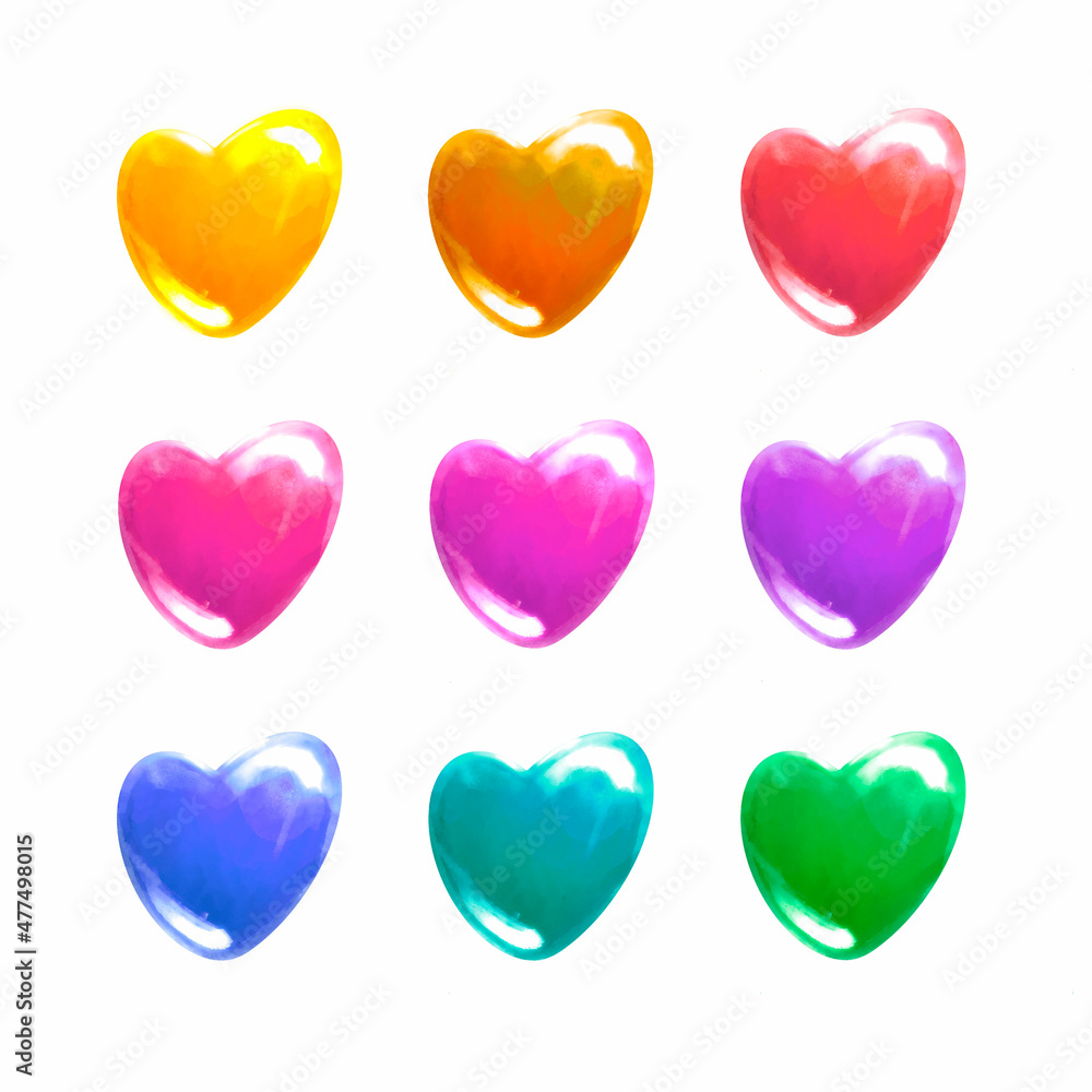 Set of nine colorful shiny hearts for design isolated on a white background. 