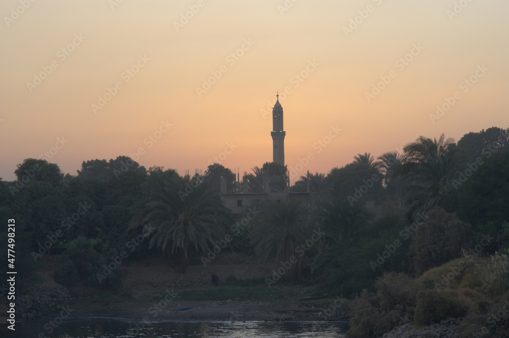 Minaret on the Nile. Sunset.