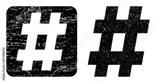 Vector hashtag subtracted icon. Grunge hashtag seal, done with icon and rounded square. Rounded square stamp include hashtag subtracted shape inside. Vector hashtag grunge images.