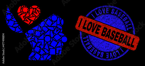 Vector mosaic favourites open mind icon, and bicolor I Love Baseball textured seal. Abstract mosaic of favourites open mind made of round, triangle, square geometric items.