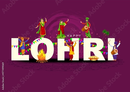 Happy Lohri tradition festival of Punjab India background. group of people playing lohri dance. vector illustration design