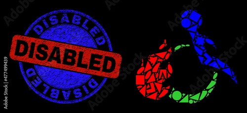 Vector mosaic fired disabled person icon with bicolor Disabled scratched seal. Abstract mosaic of fired disabled person organized of round, triangle, square geometric spots.
