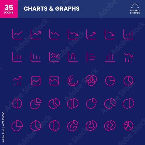 Icon set including chart nad graph variations. Bar graph, pie graph, line graph.