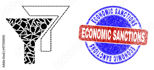 Vector mosaic filters icon, and bicolor Economic Sanctions dirty seal print. Abstract mosaic of filters made of round, triangle, square geometric elements.