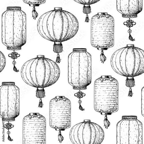 Chinese lanterns seamless pattern. Hand drawn sketch. Vector illustration. Seamless background. Asian new year red lanterns. Design template. Vintage illustration.