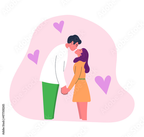 Enamored couple spending time together at romantic date. Vector illustration of kissing couple.