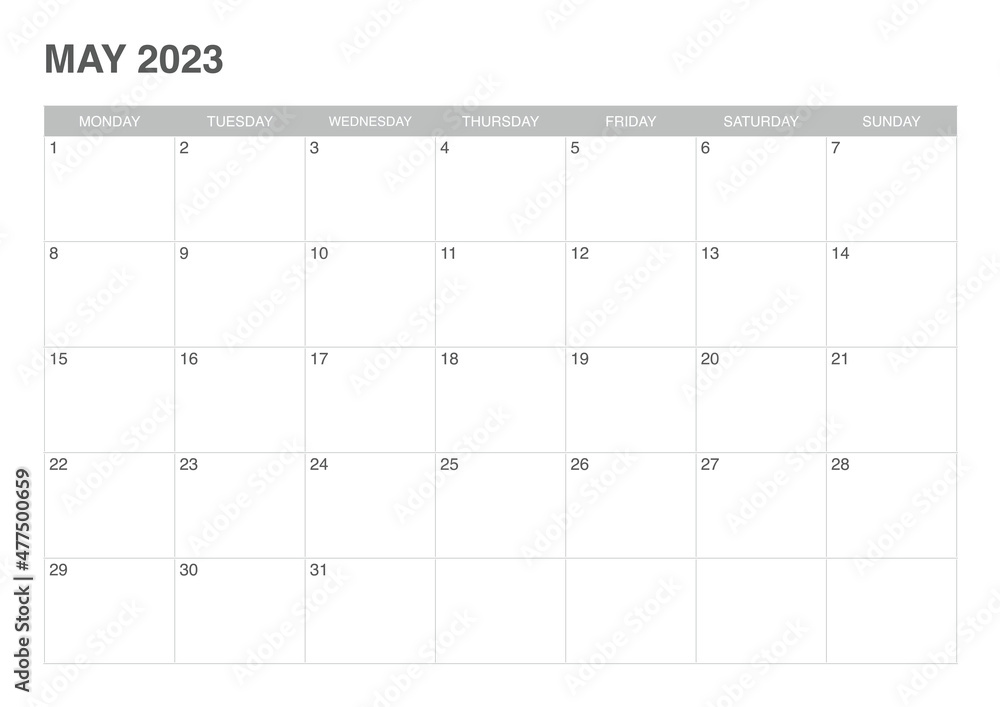 calendar may 2023, start monday - obrazy, fototapety, plakaty 