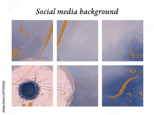 Plantillas de diseño para publicaciones en redes sociales de motivos florales de acuarela en tonos azules, con toques dorados, con espacio para texto e imágenes