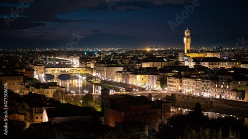 Ponte Vecchio and Palazzo Vecchio view at dusk in Florence from Piazzale Michelangelo