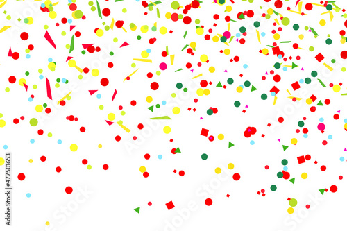 Confetti. Bright explosion. Texture with random geometric elements on isolated white. Abstract background. Pattern for design. Print for polygraphy, banners, t-shirts and textiles. Greeting cards
