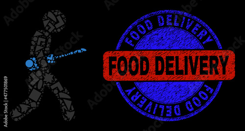 Vector mosaic screwdriver courier icon, and bicolor Food Delivery unclean badge. Abstract collage of screwdriver courier made of circle, triangle, square geometric items.