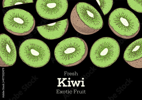 Kiwi fruit hand drawn frame. Colorful. Vector illustration. Design, package, brochure illustration. Hand drawn kiwi fruits design template. Organic fresh food vector illustration.