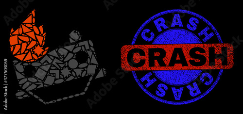 Vector mosaic fire car crash icon, and bicolor Crash corroded stamp seal. Abstract collage of fire car crash combined of sphere, triangle, square geometric elements.