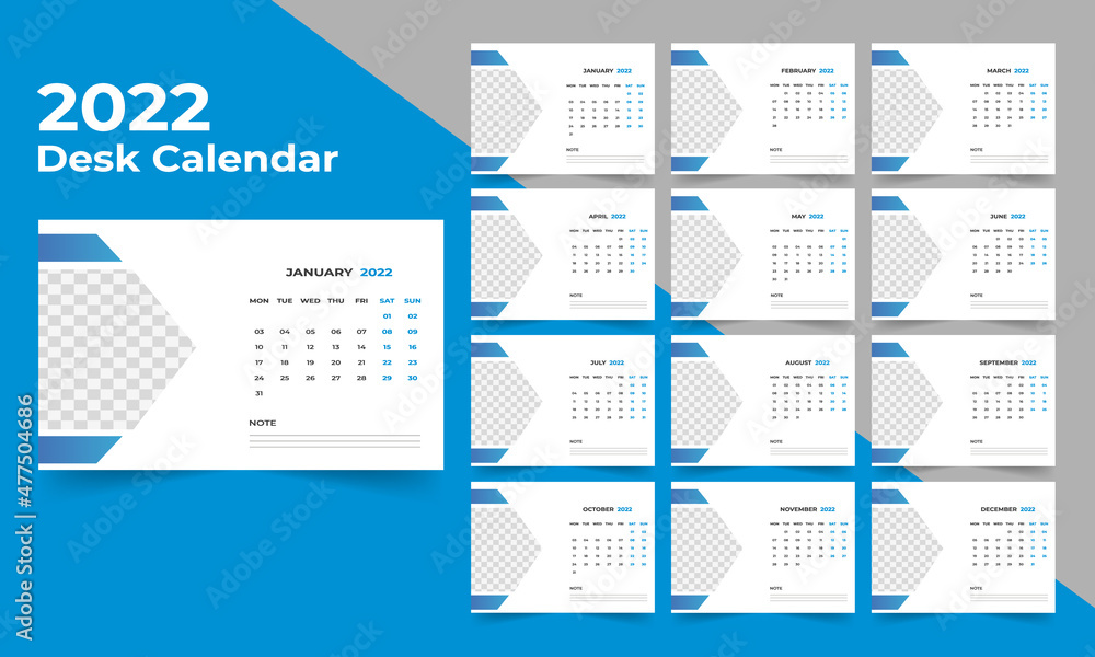 Desk calendar design 2022. Week starts on Monday. template for annual calendar 2022 Desk calendar design 2022. Week starts on Monday. template for annual calendar 2022