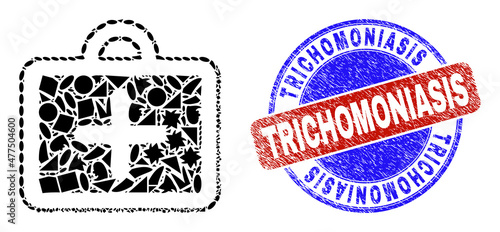 Vector mosaic first-aid case icon, and bicolor Trichomoniasis textured stamp seal. Abstract mosaic of first-aid case designed of round, triangle, square geometric elements.