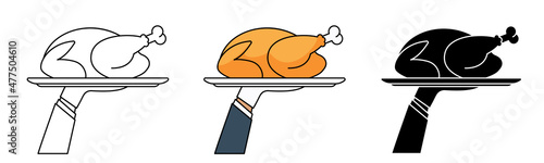 Simple icons of waiter hand holding empty serving plate with baked bird. Roast turkey or chicken on platter for traditional holiday dinner. Outline, colorful and glyph vector flat illustration