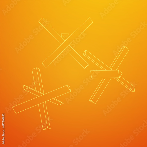 Hedgehog antitank defence. Wireframe low poly mesh vector illustration.