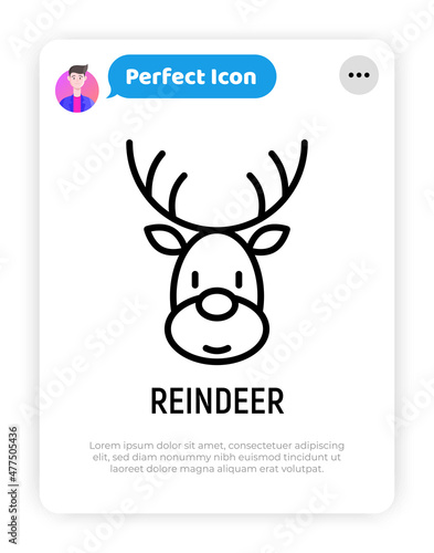 Cartoon Christmas reindeer thin line icon. Modern vector illustration.