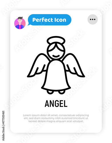 Angel with nimbus thin line icon. Symbol of Christmas or Valentine's day. Modern vector illustration.