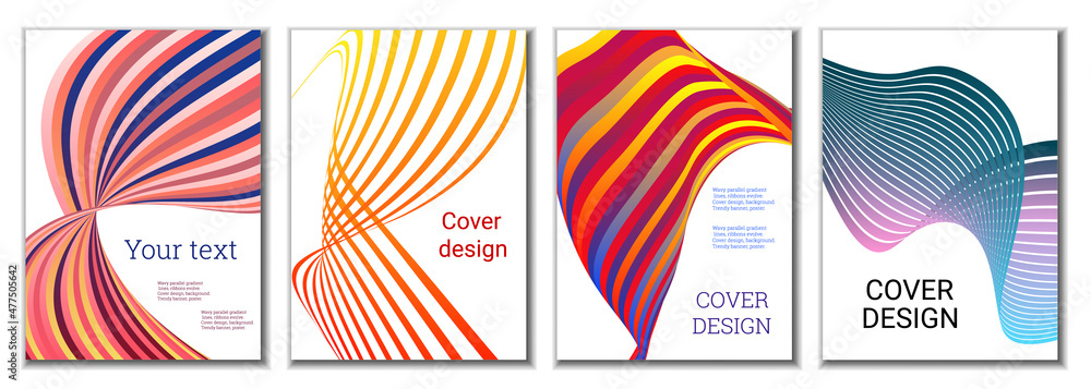 A set of 4 abstract covers. Wavy parallel gradient lines, ribbons evolve. Cover design, background. Trendy banner, poster. A set of 4 abstract covers. Wavy parallel gradient lines, ribbons evolve. Cover design, background. Trendy banner, poster.