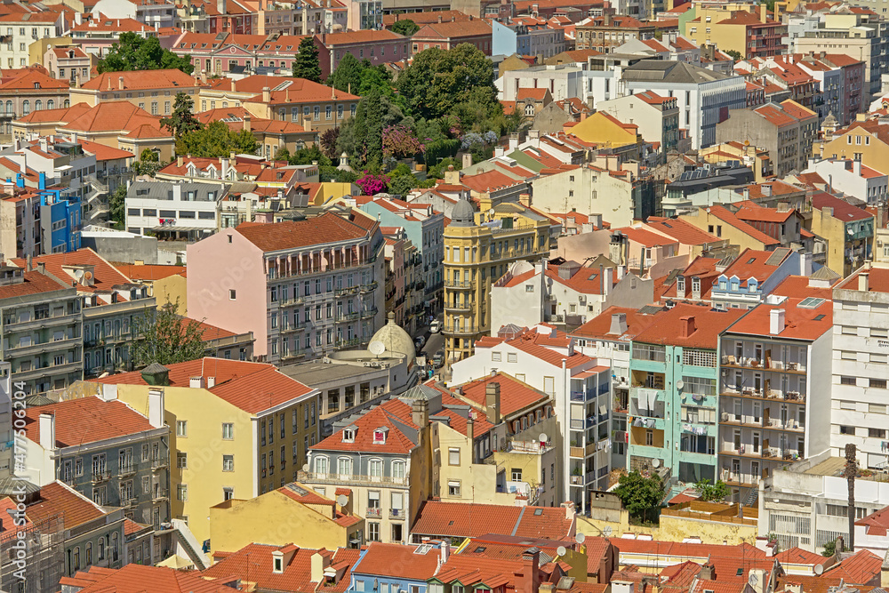 Aerial view on typical apartment buildings in pastel colors of Lisbon, Portugal 