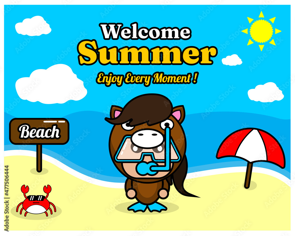 summer beach and sand background design with text enjoy every moment and summer element board that says beach, crab and umbrella, in horse animal mascot costume wearing a senorkel summer beach and sand background design with text enjoy every moment and summer element board that says beach, crab and umbrella, in horse animal mascot costume wearing a senorkel